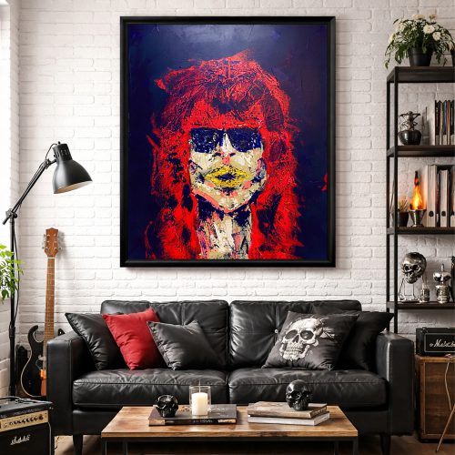 Halb abstraktes original gemaltes Bild von einem Rockstar mit Sonnenbrille und langen Haaren. Farbwelt von dunkelblau, Neonpuink, beige und Gold. Klünstlerin Sophie Friederichs.