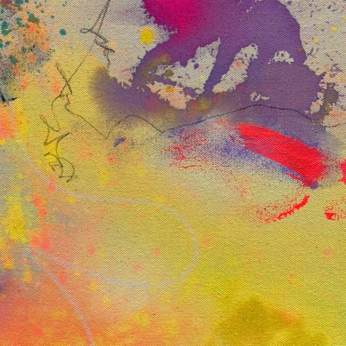 Abstrakt gemaltes, farbgewaltiges Leinwandbild JUNEBUG von Sophie Friederichs. Farbwelt von Neonpink, über Gelb, Orange, Lila bis hin zu Türkis und Dunkelblau.