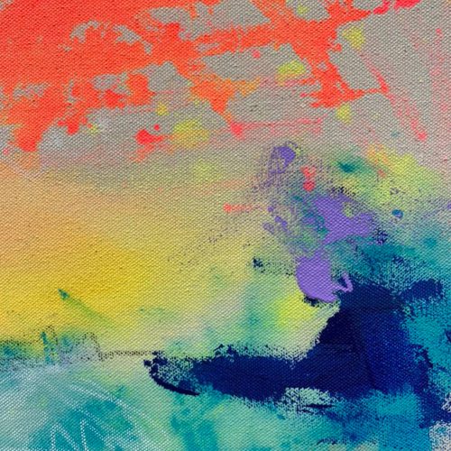 Abstrakt gemaltes, farbgewaltiges Leinwandbild JUNEBUG von Sophie Friederichs. Farbwelt von Neonpink, über Gelb, Orange, Lila bis hin zu Türkis und Dunkelblau.