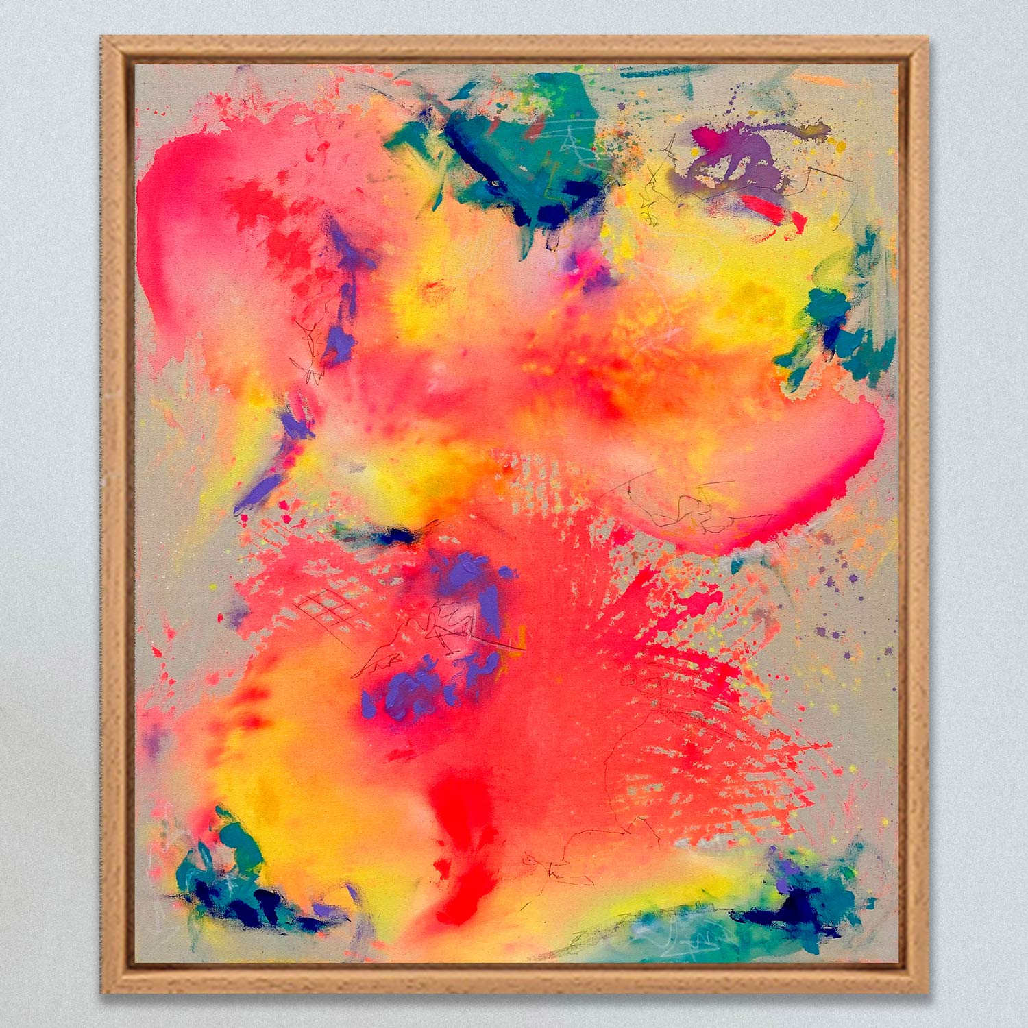 Abstrakt gemaltes, farbgewaltiges Leinwandbild JUNEBUG von Sophie Friederichs. Farbwelt von Neonpink, über Gelb, Orange, Lila bis hin zu Türkis und Dunkelblau.