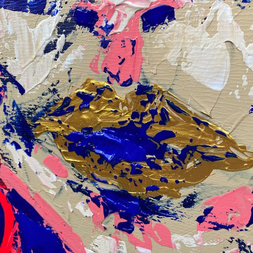 Halb abstraktes original gemaltes Bild von einem Rockstar mit Sonnenbrille und langen Haaren. Farbwelt von dunkelblau, Neonpuink, beige und Gold. Klünstlerin Sophie Friederichs.