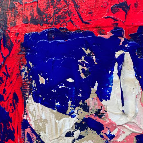 Halb abstraktes original gemaltes Bild von einem Rockstar mit Sonnenbrille und langen Haaren. Farbwelt von dunkelblau, Neonpuink, beige und Gold. Klünstlerin Sophie Friederichs.