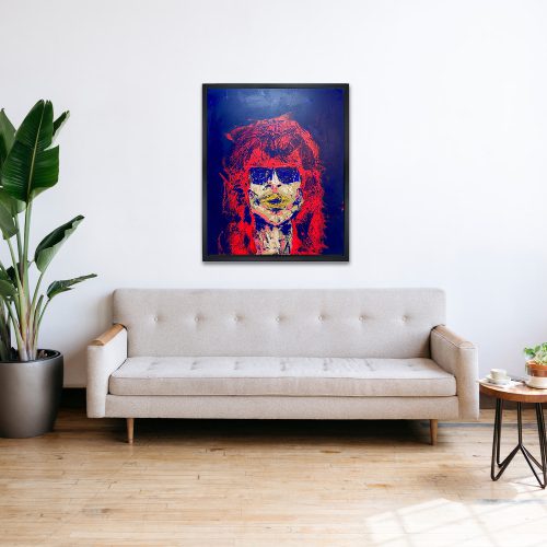 Halb abstraktes original gemaltes Bild von einem Rockstar mit Sonnenbrille und langen Haaren. Farbwelt von dunkelblau, Neonpuink, beige und Gold. Klünstlerin Sophie Friederichs.