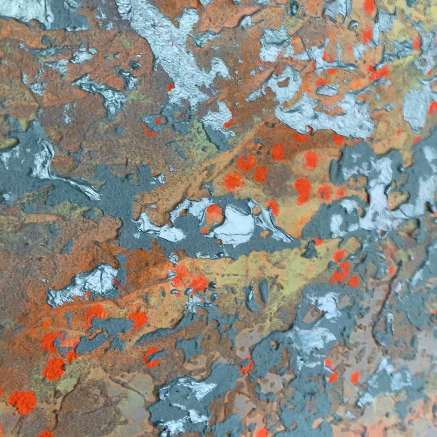 Abstraktes Wandbild THE REEF von Sophie Friederichs. Farbwelt: grau, orange, mintgrün, gelb.