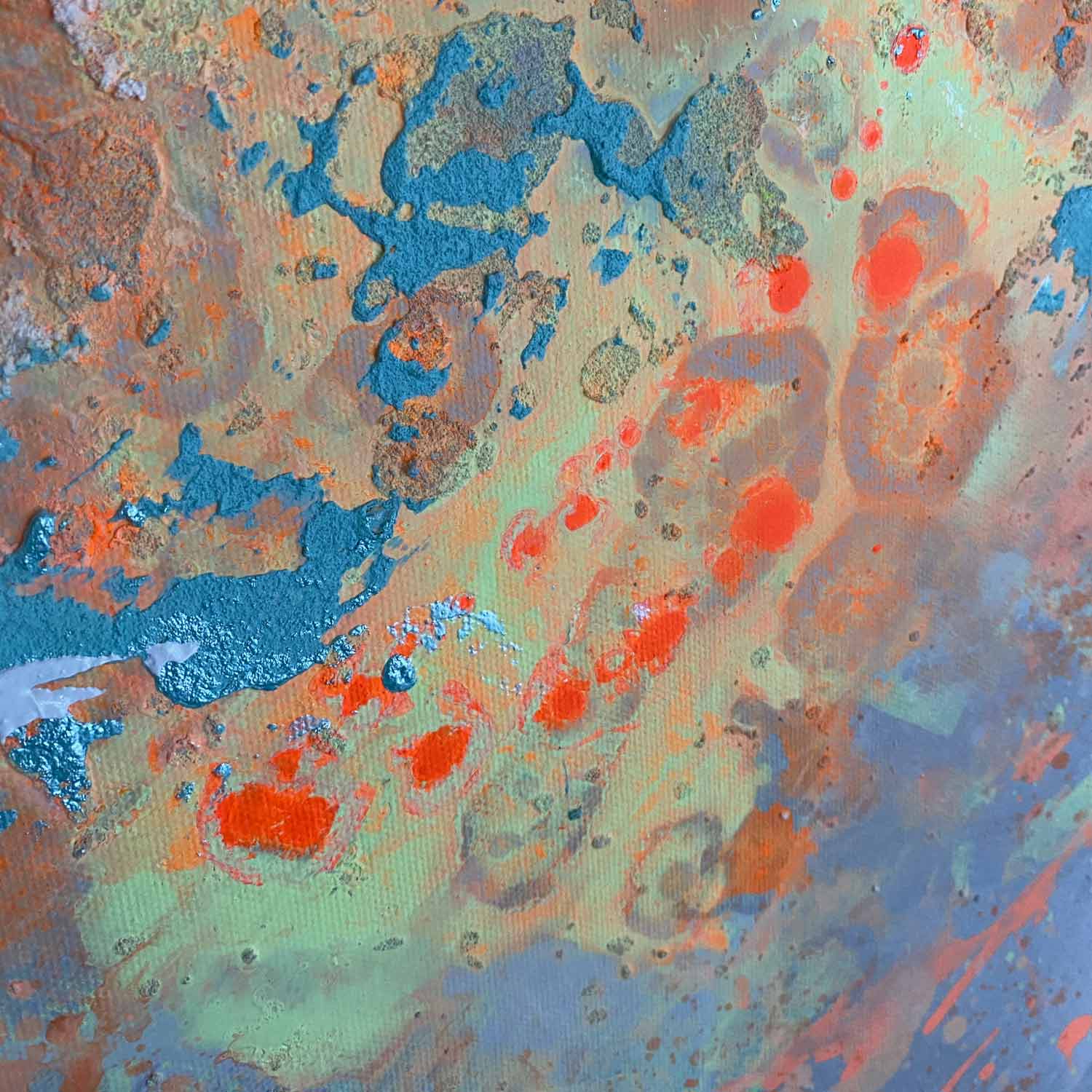 Abstraktes Wandbild THE REEF von Sophie Friederichs. Farbwelt: grau, orange, mintgrün, gelb.