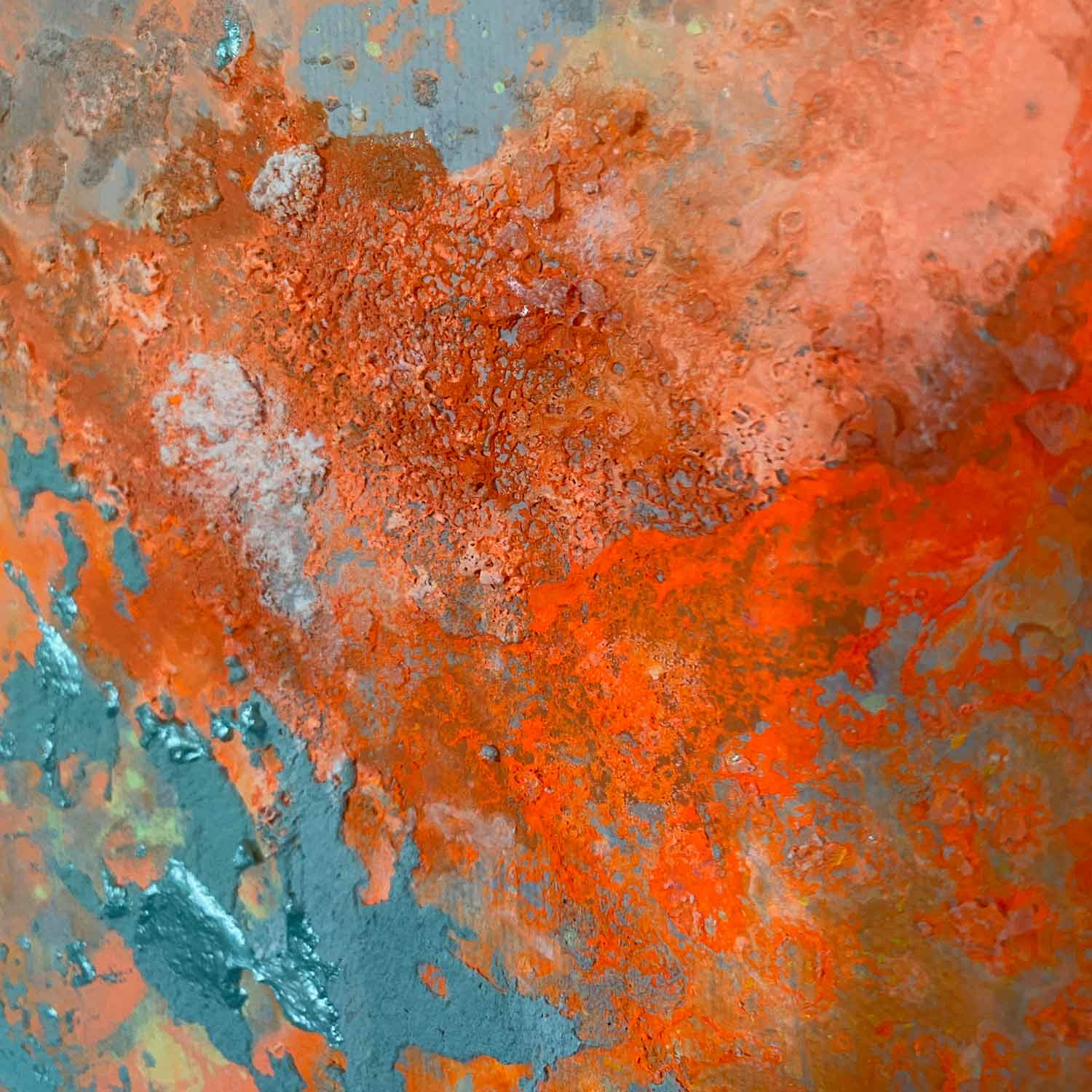 Abstraktes Wandbild THE REEF von Sophie Friederichs. Farbwelt: grau, orange, mintgrün, gelb.