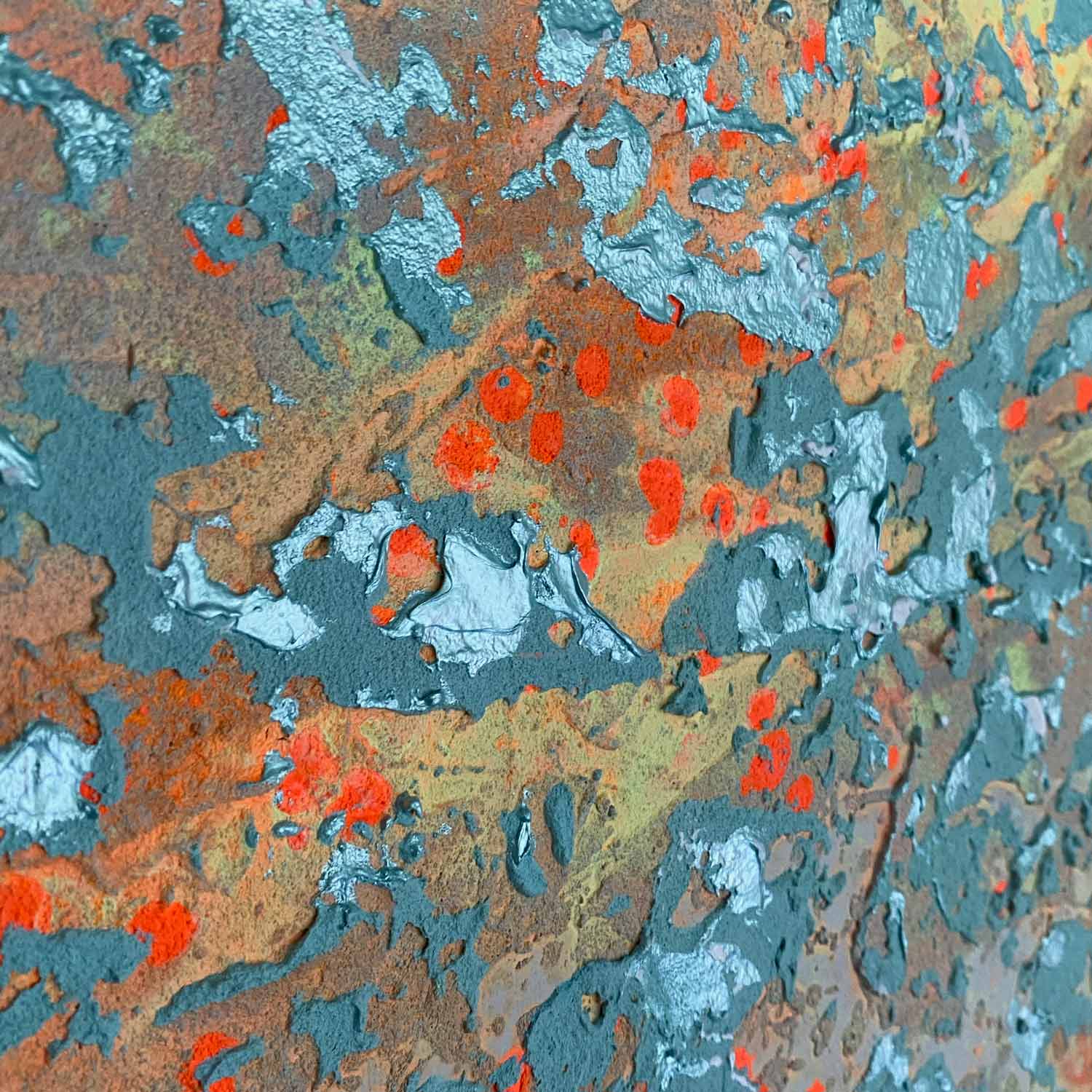 Abstraktes Wandbild THE REEF von Sophie Friederichs. Farbwelt: grau, orange, mintgrün, gelb.