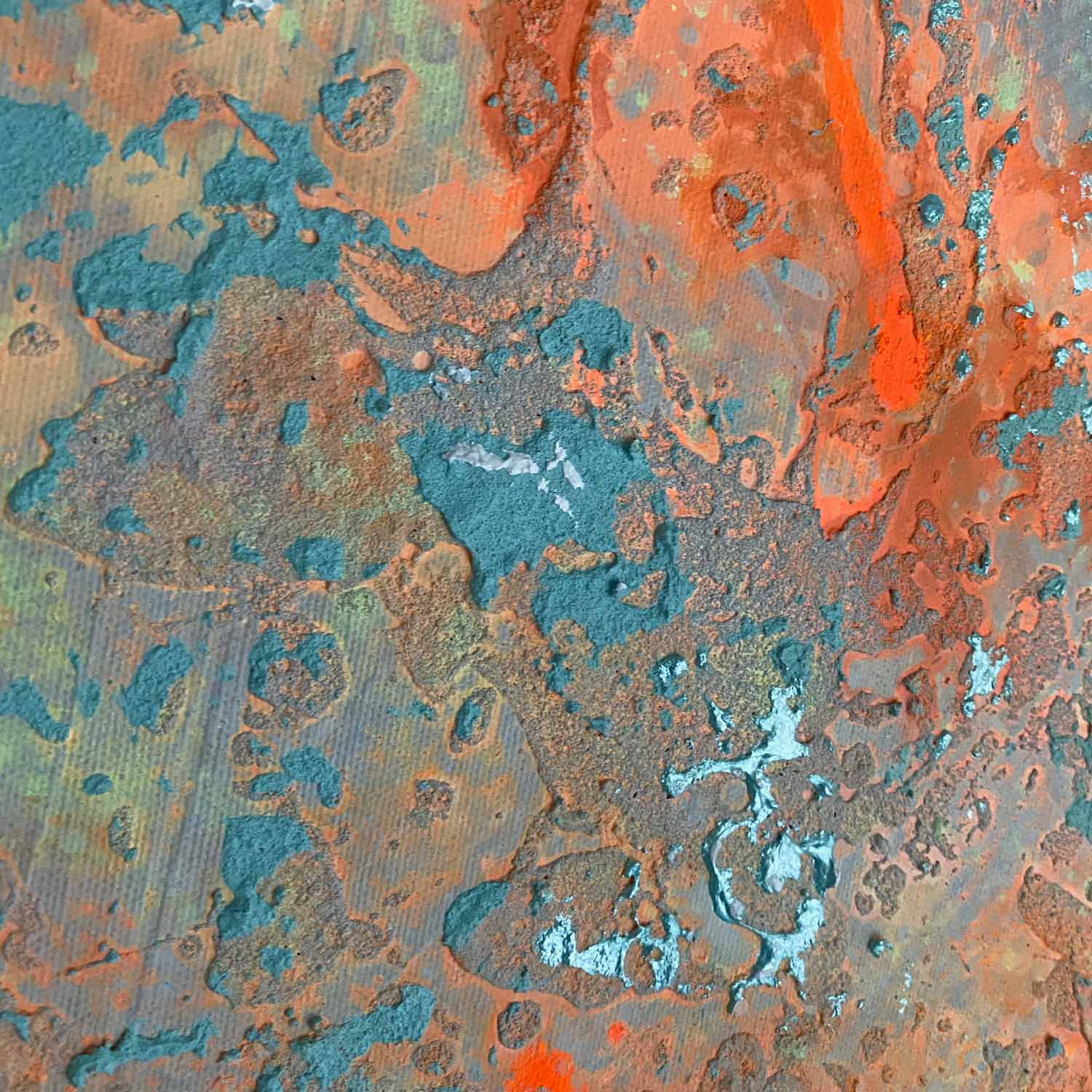 Abstraktes Wandbild THE REEF von Sophie Friederichs. Farbwelt: grau, orange, mintgrün, gelb.