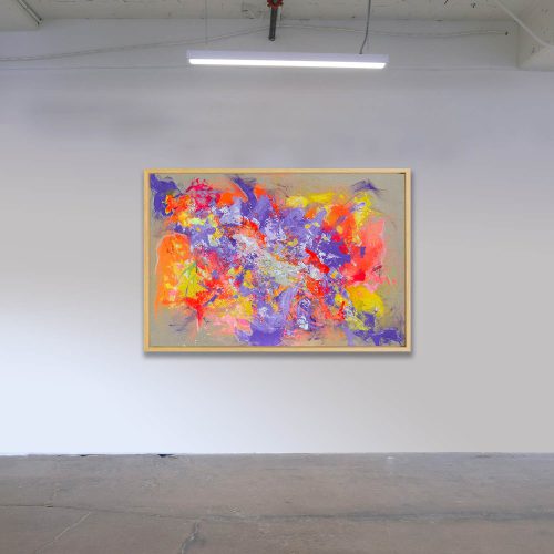 BIRDSONG - Abstrakt gemaltes Leinwandbild. 150x100 cm groß, in starken Neonfarben gehalten, dominiert von Violetttönen, Orange, gelb und Pink. 