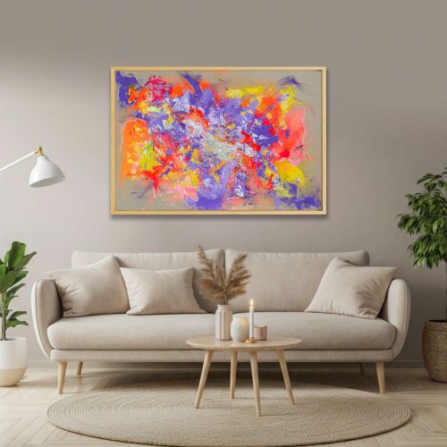 BIRDSONG - Abstrakt gemaltes Leinwandbild. 150x100 cm groß, in starken Neonfarben gehalten, dominiert von Violetttönen, Orange, gelb und Pink. 