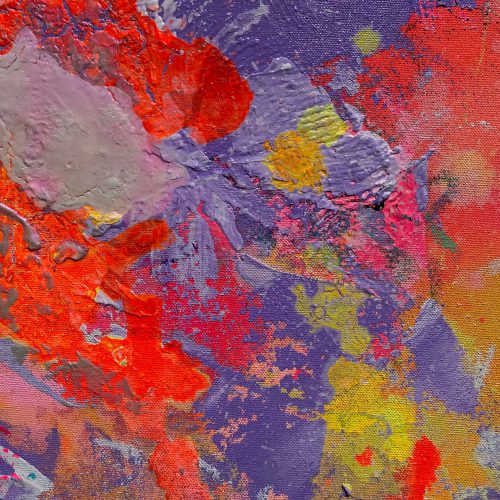 BIRDSONG - Abstrakt gemaltes Leinwandbild. 150x100 cm groß, in starken Neonfarben gehalten, dominiert von Violetttönen, Orange, gelb und Pink. 