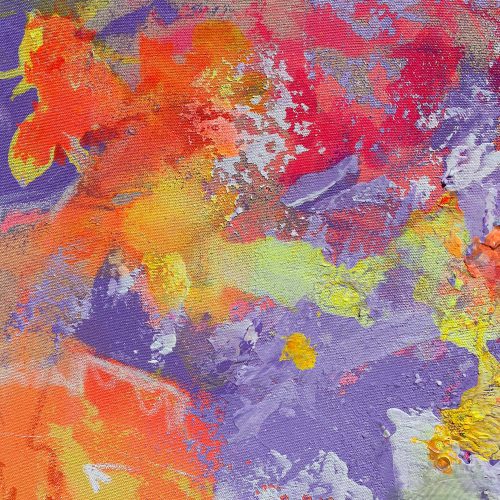 BIRDSONG - Abstrakt gemaltes Leinwandbild. 150x100 cm groß, in starken Neonfarben gehalten, dominiert von Violetttönen, Orange, gelb und Pink. 