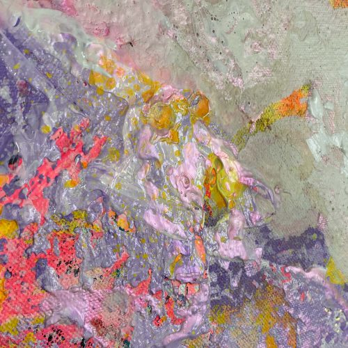 BIRDSONG - Abstrakt gemaltes Leinwandbild. 150x100 cm groß, in starken Neonfarben gehalten, dominiert von Violetttönen, Orange, gelb und Pink. 