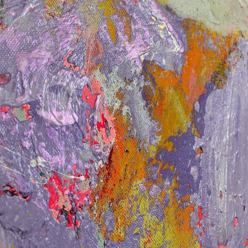 BIRDSONG - Abstrakt gemaltes Leinwandbild. 150x100 cm groß, in starken Neonfarben gehalten, dominiert von Violetttönen, Orange, gelb und Pink. 