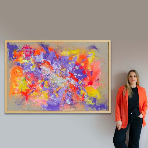 BIRDSONG - Abstrakt gemaltes Leinwandbild. 150x100 cm groß, in starken Neonfarben gehalten, dominiert von Violetttönen, Orange, gelb und Pink. 