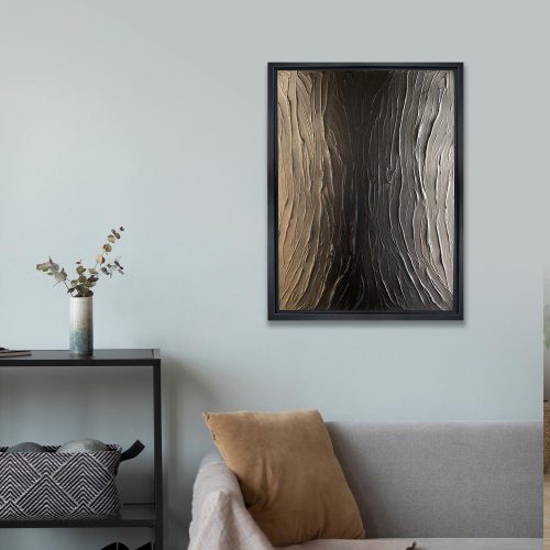 TREE - ein abstrakt gestaltetest Leinwandbild in der Größe 45x60 cm. Die Oberfläche erinnert an eine Baumrinde. Farbwelt: Mattschwarz und Champagnergold.
