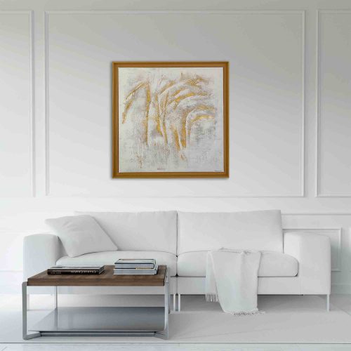 Gerahmtes abstraktes Gemälde „CLOUD 1“ von Sophie Friederichs im Format 70 × 70 cm mit Weiß-, Grau- und Goldtönen, strukturierter Oberfläche und modernem Schattenfugenrahmen aus Holz.