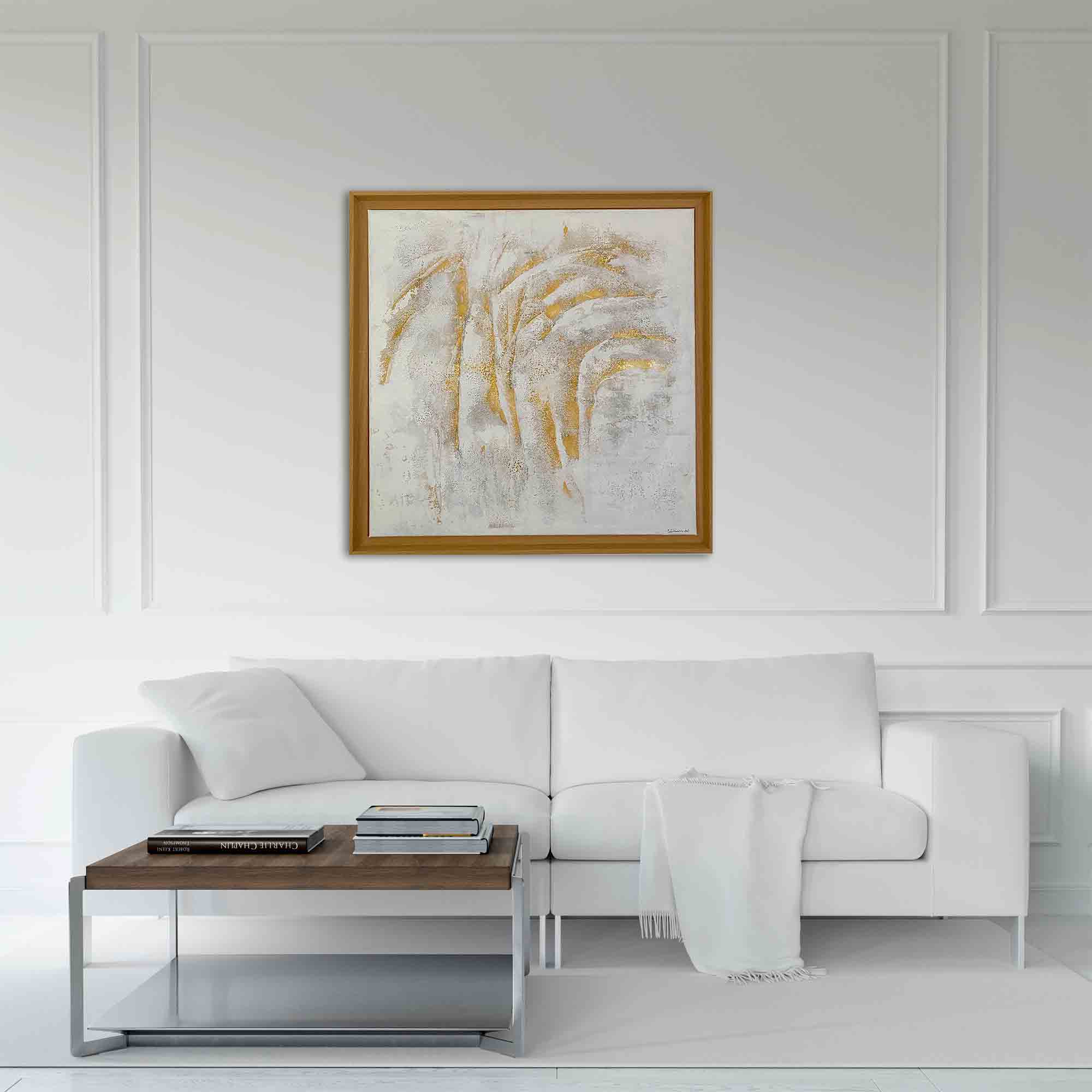Gerahmtes abstraktes Gemälde „CLOUD 1“ von Sophie Friederichs im Format 70 × 70 cm mit Weiß-, Grau- und Goldtönen, strukturierter Oberfläche und modernem Schattenfugenrahmen aus Holz.