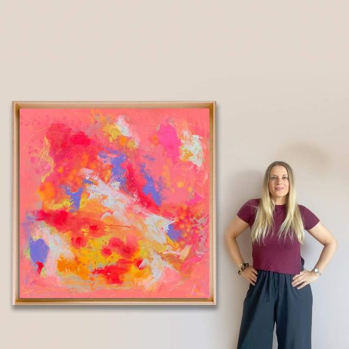 HEDONISM – abstraktes Originalgemälde in Pink, Rot, Orange, Weiß und Blau, 100 × 100 cm, Acryl, Tinte und Kreise auf roher Baumwollleinwand, selbst bespannte Leinwand, moderne zeitgenössische Kunst.