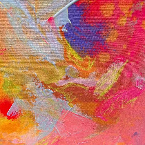 HEDONISM – abstraktes Originalgemälde in Pink, Rot, Orange, Weiß und Blau, 100 × 100 cm, Acryl, Tinte und Kreise auf roher Baumwollleinwand, selbst bespannte Leinwand, moderne zeitgenössische Kunst.