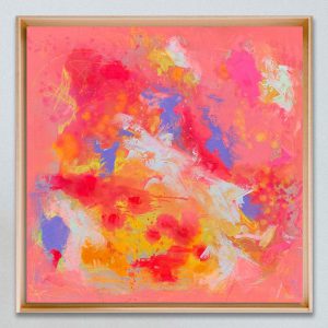 HEDONISM – abstraktes Originalgemälde in Pink, Rot, Orange, Weiß und Blau, 100 × 100 cm, Acryl, Tinte und Kreise auf roher Baumwollleinwand, selbst bespannte Leinwand, moderne zeitgenössische Kunst.