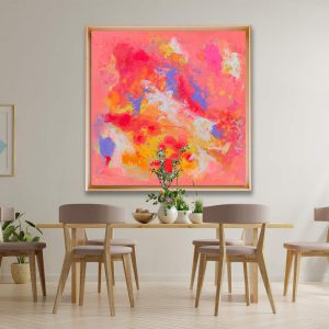 HEDONISM – abstraktes Originalgemälde in Pink, Rot, Orange, Weiß und Blau, 100 × 100 cm, Acryl, Tinte und Kreise auf roher Baumwollleinwand, selbst bespannte Leinwand, moderne zeitgenössische Kunst.
