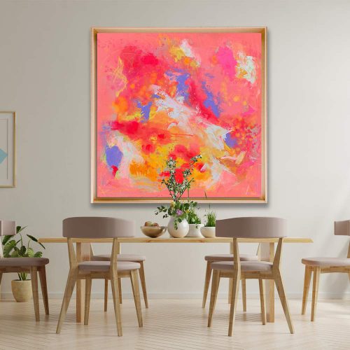 HEDONISM – abstraktes Originalgemälde in Pink, Rot, Orange, Weiß und Blau, 100 × 100 cm, Acryl, Tinte und Kreise auf roher Baumwollleinwand, selbst bespannte Leinwand, moderne zeitgenössische Kunst.