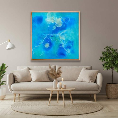 KINGDOM – abstraktes Originalgemälde in Blau und Türkis, 100 × 100 cm, gemalt mit Acryl, Tinte, Salz, Alkohol und Bleiche auf naturbelassenem Raw Canvas.