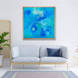 KINGDOM – abstraktes Originalgemälde in Blau und Türkis, 100 × 100 cm, gemalt mit Acryl, Tinte, Salz, Alkohol und Bleiche auf naturbelassenem Raw Canvas.