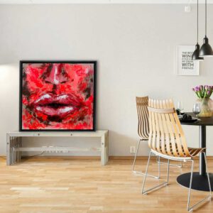 Abstraktes Leinwandbild „FURY“ mit expressivem Gesicht in leuchtenden Rot-, Schwarz- und Weißtönen – moderne Wandkunst mit markanten Lippen und intensiver Ausstrahlung.