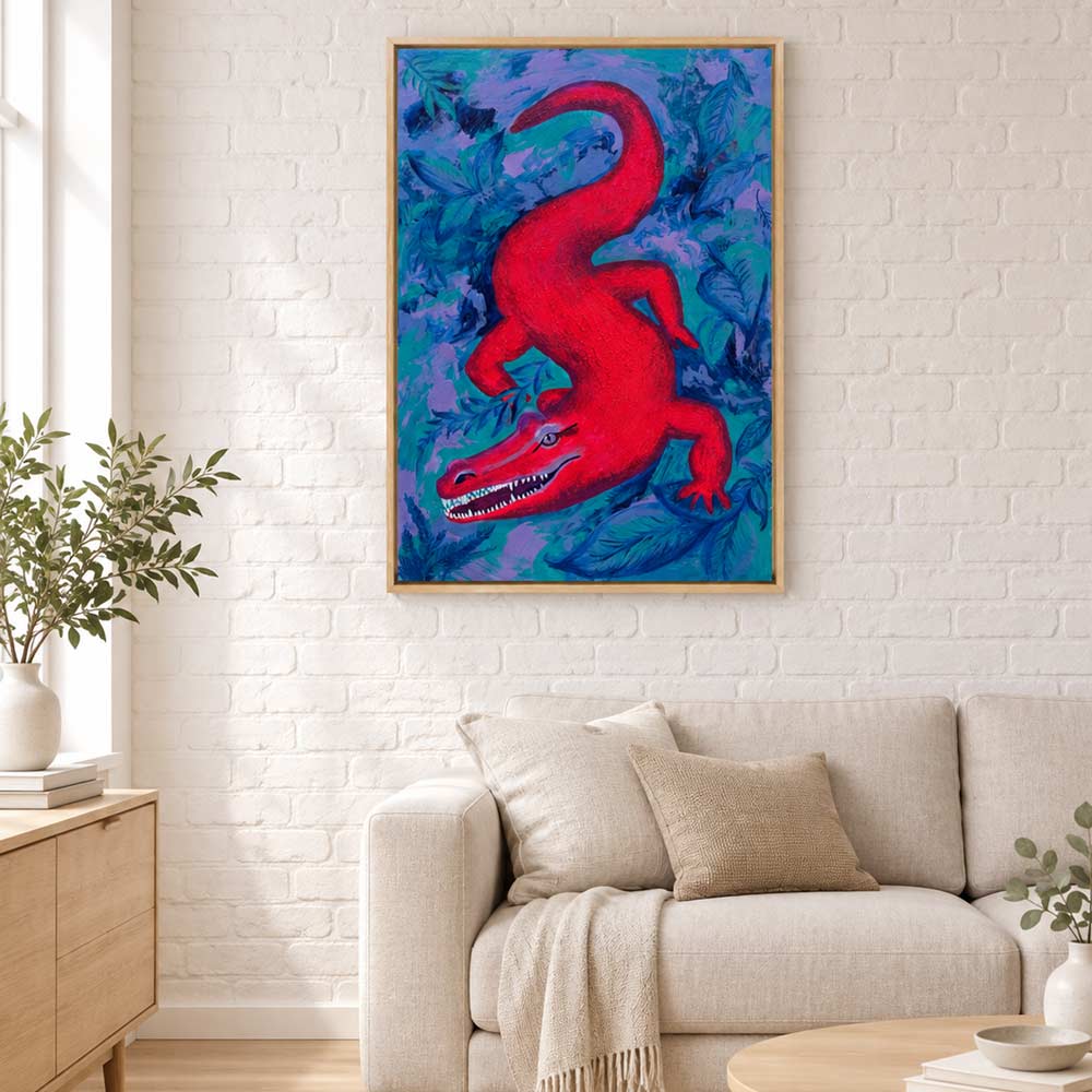 Abstraktes Krokodil im Dschungel als farbenfrohes Acrylgemälde auf Canvas. Neonpink, Türkis, Lila & Blau. Format 120×80 cm – moderner Blickfang.