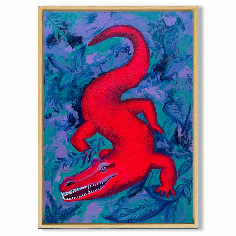 Abstraktes Krokodil im Dschungel als farbenfrohes Acrylgemälde auf Canvas. Neonpink, Türkis, Lila & Blau. Format 120×80 cm – moderner Blickfang.