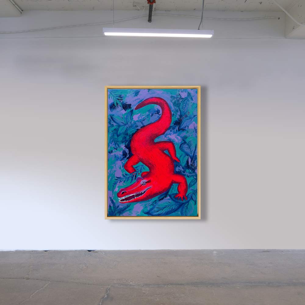 Abstraktes Krokodil im Dschungel als farbenfrohes Acrylgemälde auf Canvas. Neonpink, Türkis, Lila & Blau. Format 120×80 cm – moderner Blickfang.