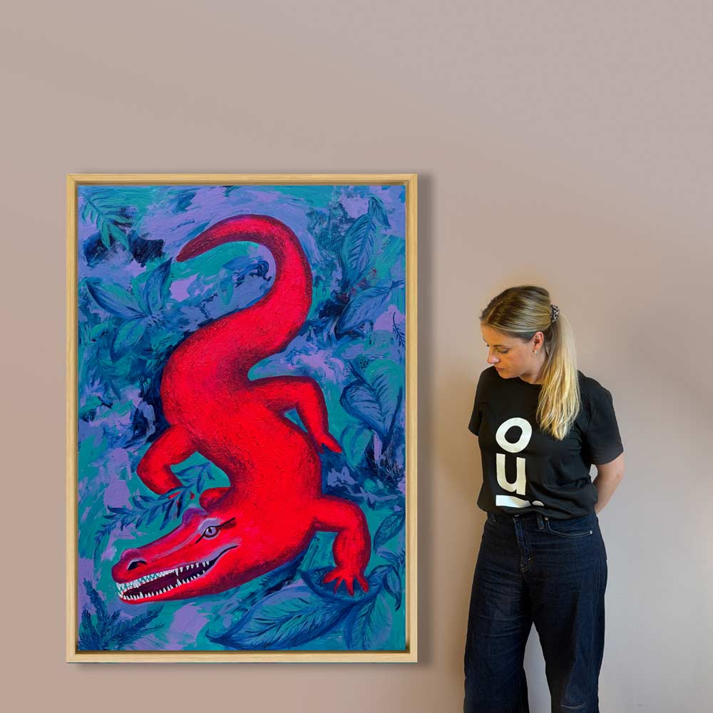 Abstraktes Krokodil im Dschungel als farbenfrohes Acrylgemälde auf Canvas. Neonpink, Türkis, Lila & Blau. Format 120×80 cm – moderner Blickfang.