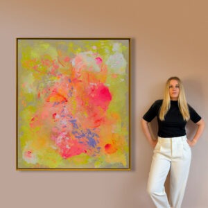 Abstraktes Acrylgemälde „LULU“ auf Naturleinwand, 120 × 100 cm, mit leuchtenden Farbflächen in Pink, Koralle, Orange, Limettengrün und Blau, eingefasst in einen schmalen gelben Holzrahmen.