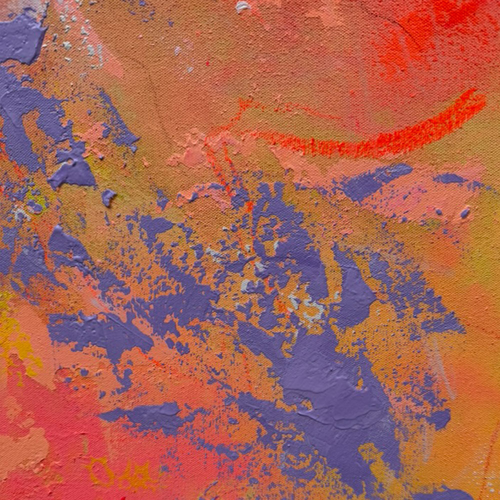 Abstraktes Acrylgemälde „LULU“ auf Naturleinwand, 120 × 100 cm, mit leuchtenden Farbflächen in Pink, Koralle, Orange, Limettengrün und Blau, eingefasst in einen schmalen gelben Holzrahmen.