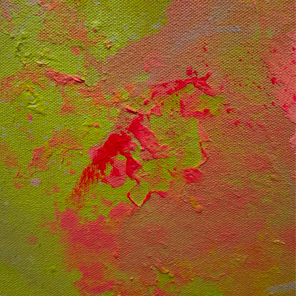 Abstraktes Acrylgemälde „LULU“ auf Naturleinwand, 120 × 100 cm, mit leuchtenden Farbflächen in Pink, Koralle, Orange, Limettengrün und Blau, eingefasst in einen schmalen gelben Holzrahmen.
