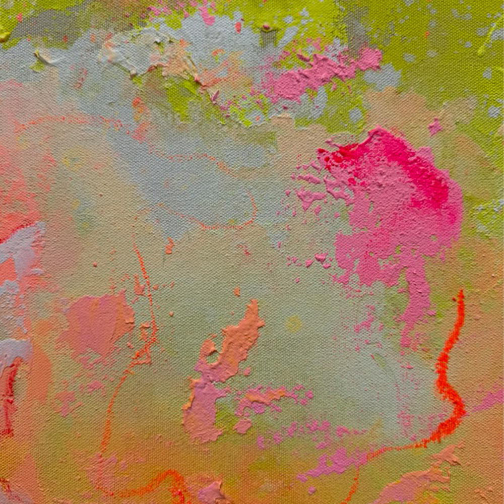Abstraktes Acrylgemälde „LULU“ auf Naturleinwand, 120 × 100 cm, mit leuchtenden Farbflächen in Pink, Koralle, Orange, Limettengrün und Blau, eingefasst in einen schmalen gelben Holzrahmen.