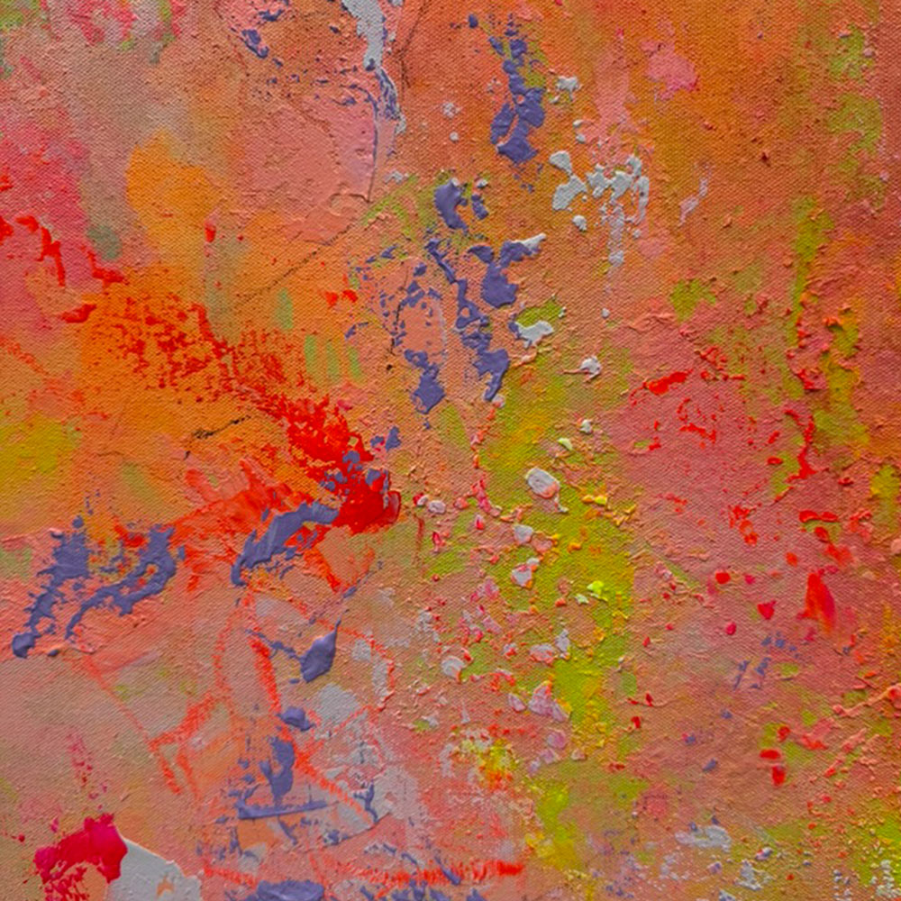 Abstraktes Acrylgemälde „LULU“ auf Naturleinwand, 120 × 100 cm, mit leuchtenden Farbflächen in Pink, Koralle, Orange, Limettengrün und Blau, eingefasst in einen schmalen gelben Holzrahmen.