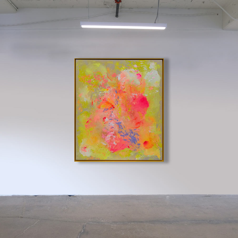 Abstraktes Acrylgemälde „LULU“ auf Naturleinwand, 120 × 100 cm, mit leuchtenden Farbflächen in Pink, Koralle, Orange, Limettengrün und Blau, eingefasst in einen schmalen gelben Holzrahmen.