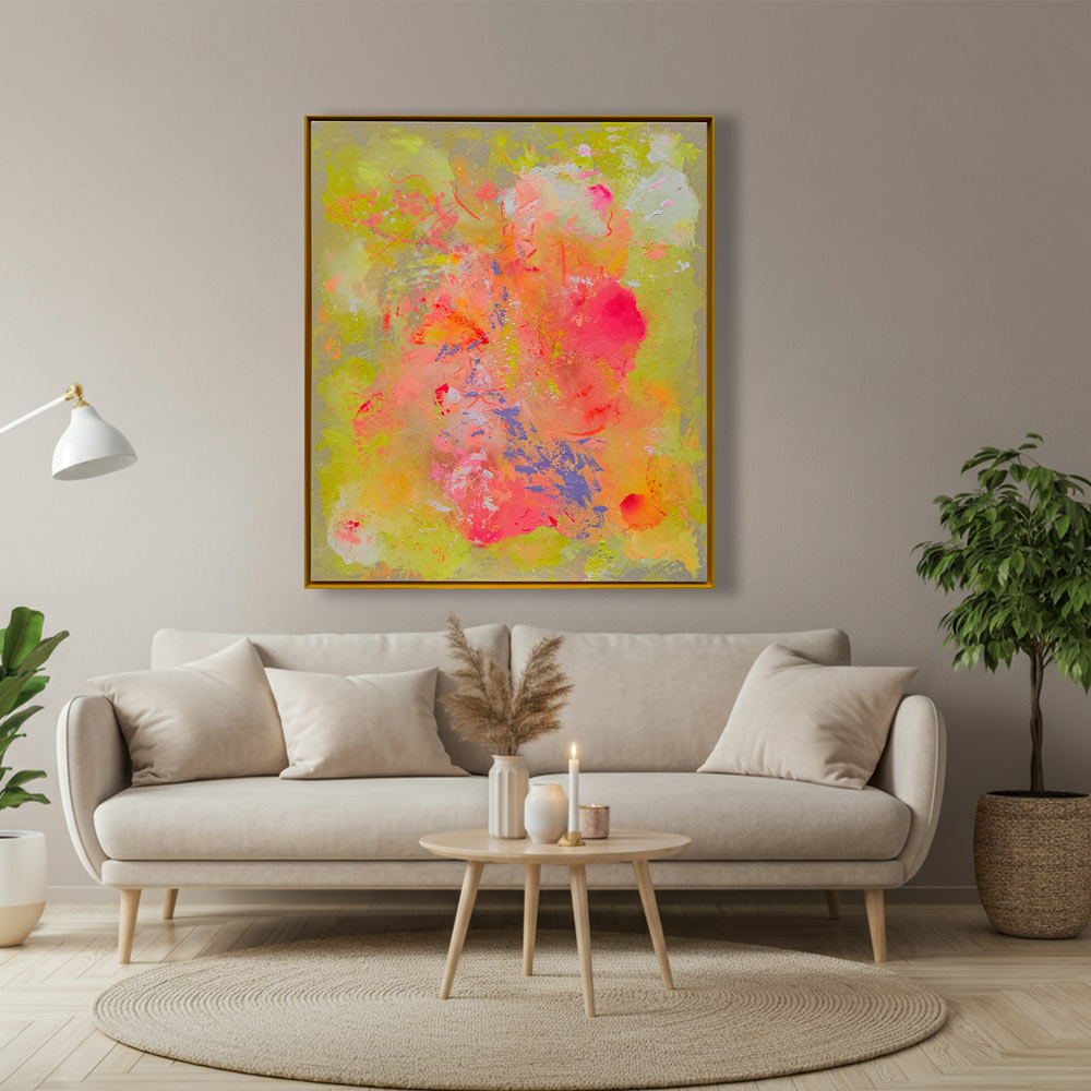 Abstraktes Acrylgemälde „LULU“ auf Naturleinwand, 120 × 100 cm, mit leuchtenden Farbflächen in Pink, Koralle, Orange, Limettengrün und Blau, eingefasst in einen schmalen gelben Holzrahmen.