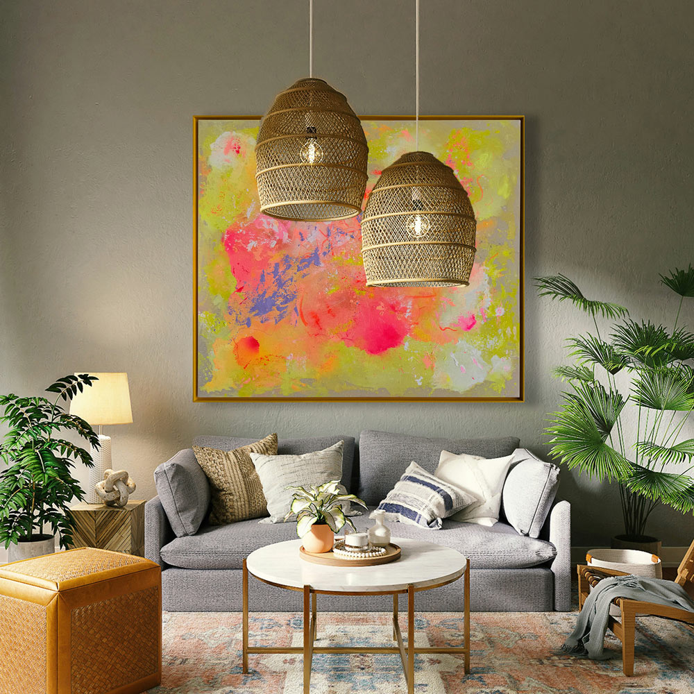 Abstraktes Acrylgemälde „LULU“ auf Naturleinwand, 120 × 100 cm, mit leuchtenden Farbflächen in Pink, Koralle, Orange, Limettengrün und Blau, eingefasst in einen schmalen gelben Holzrahmen.