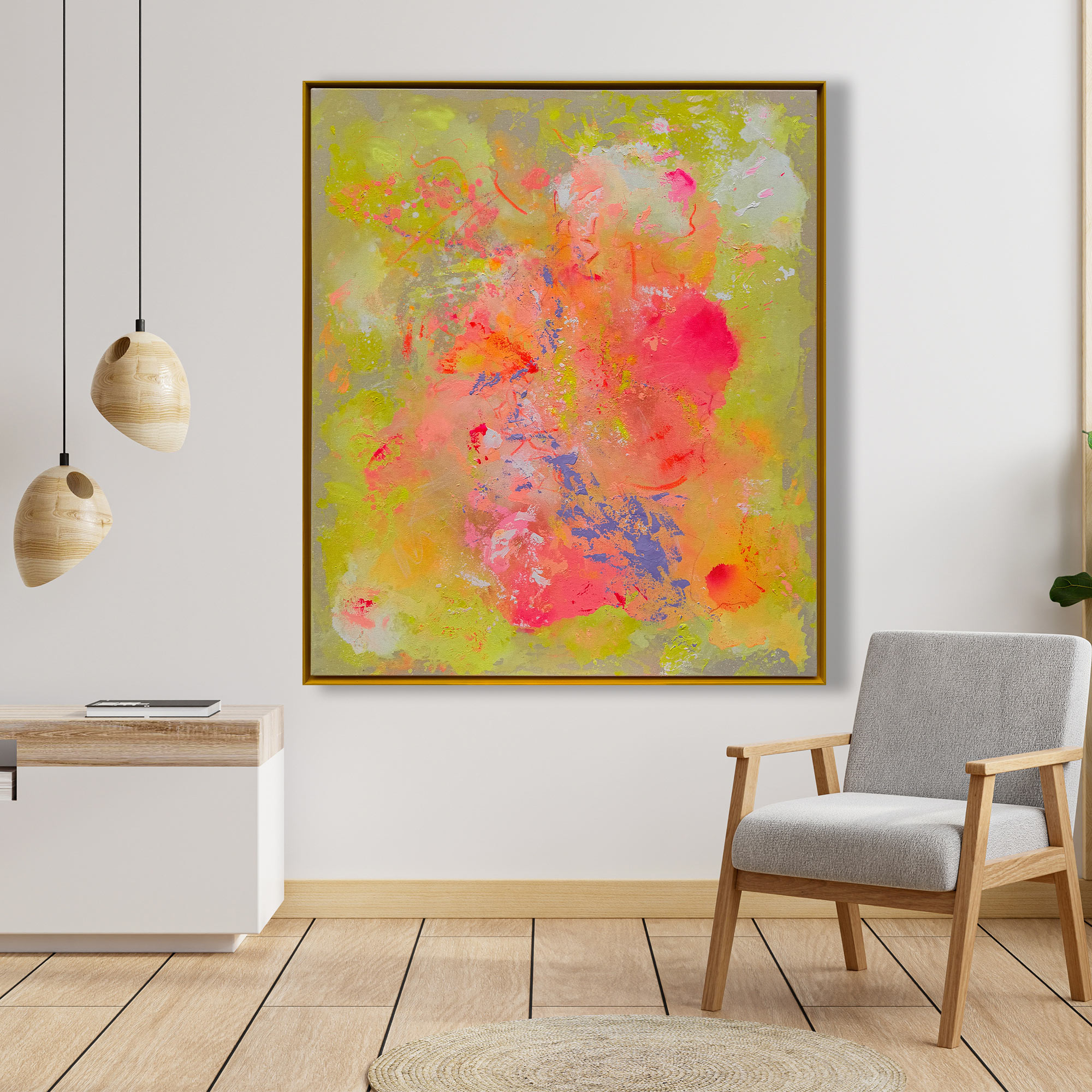 Abstraktes Acrylgemälde „LULU“ auf Naturleinwand, 120 × 100 cm, mit leuchtenden Farbflächen in Pink, Koralle, Orange, Limettengrün und Blau, eingefasst in einen schmalen gelben Holzrahmen.
