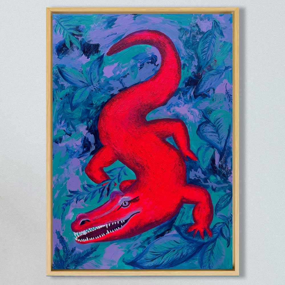 Abstraktes Krokodil im Dschungel als farbenfrohes Acrylgemälde auf Canvas. Neonpink, Türkis, Lila & Blau. Format 120×80 cm – moderner Blickfang.