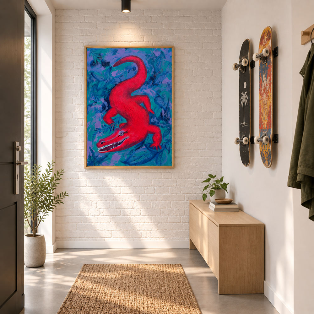 Abstraktes Krokodil im Dschungel als farbenfrohes Acrylgemälde auf Canvas. Neonpink, Türkis, Lila & Blau. Format 120×80 cm – moderner Blickfang.