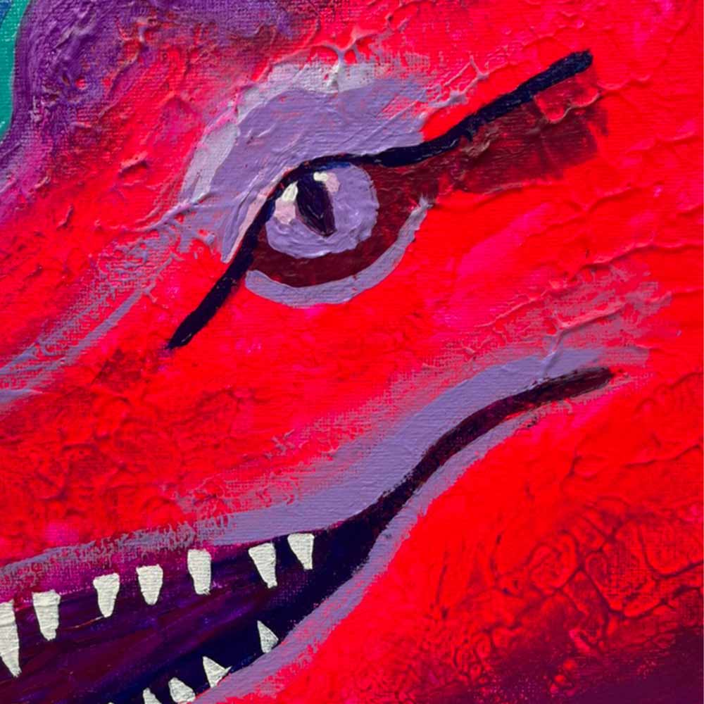 Abstraktes Krokodil im Dschungel als farbenfrohes Acrylgemälde auf Canvas. Neonpink, Türkis, Lila & Blau. Format 120×80 cm – moderner Blickfang.