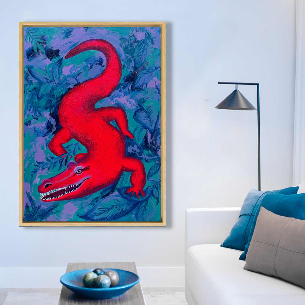 Abstraktes Krokodil im Dschungel als farbenfrohes Acrylgemälde auf Canvas. Neonpink, Türkis, Lila & Blau. Format 120×80 cm – moderner Blickfang.