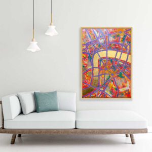 Abstraktes Leinwandbild einer London Stadtkarte in 120 × 80 cm mit farbenfroher Acrylmalerei und goldener Vergoldung.