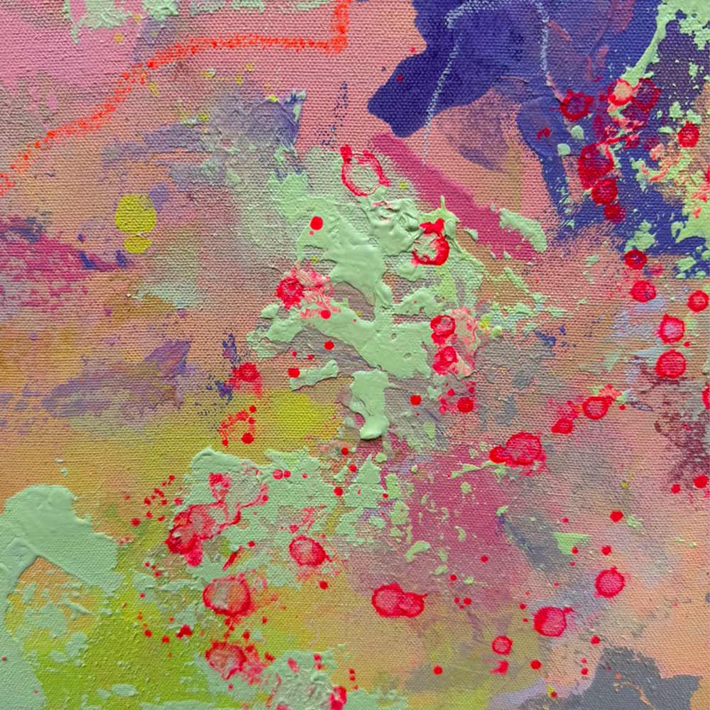 Handgemaltes abstraktes Pferdebild SPEED in Lila und Blau, 100 × 100 cm, modernes Gemälde mit dynamischer Farbkomposition
