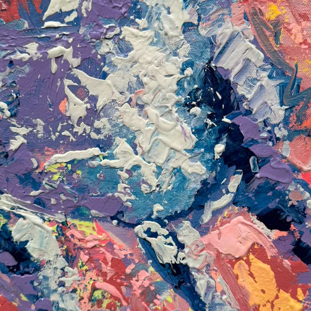 Handgemaltes abstraktes Pferdebild SPEED in Lila und Blau, 100 × 100 cm, modernes Gemälde mit dynamischer Farbkomposition
